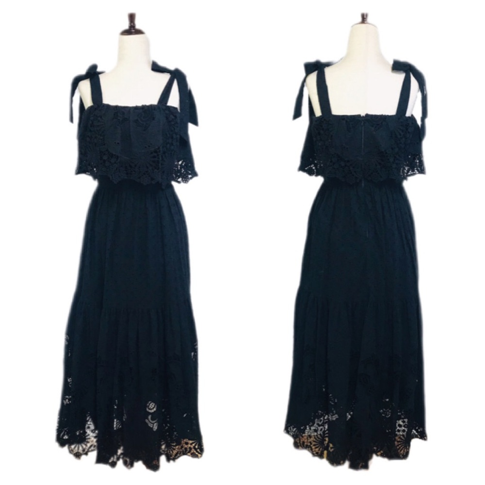 ANTONIO MELANI Black Eyelet Crochet Midi Dress Cottagecore Garden Party 0 2 4
